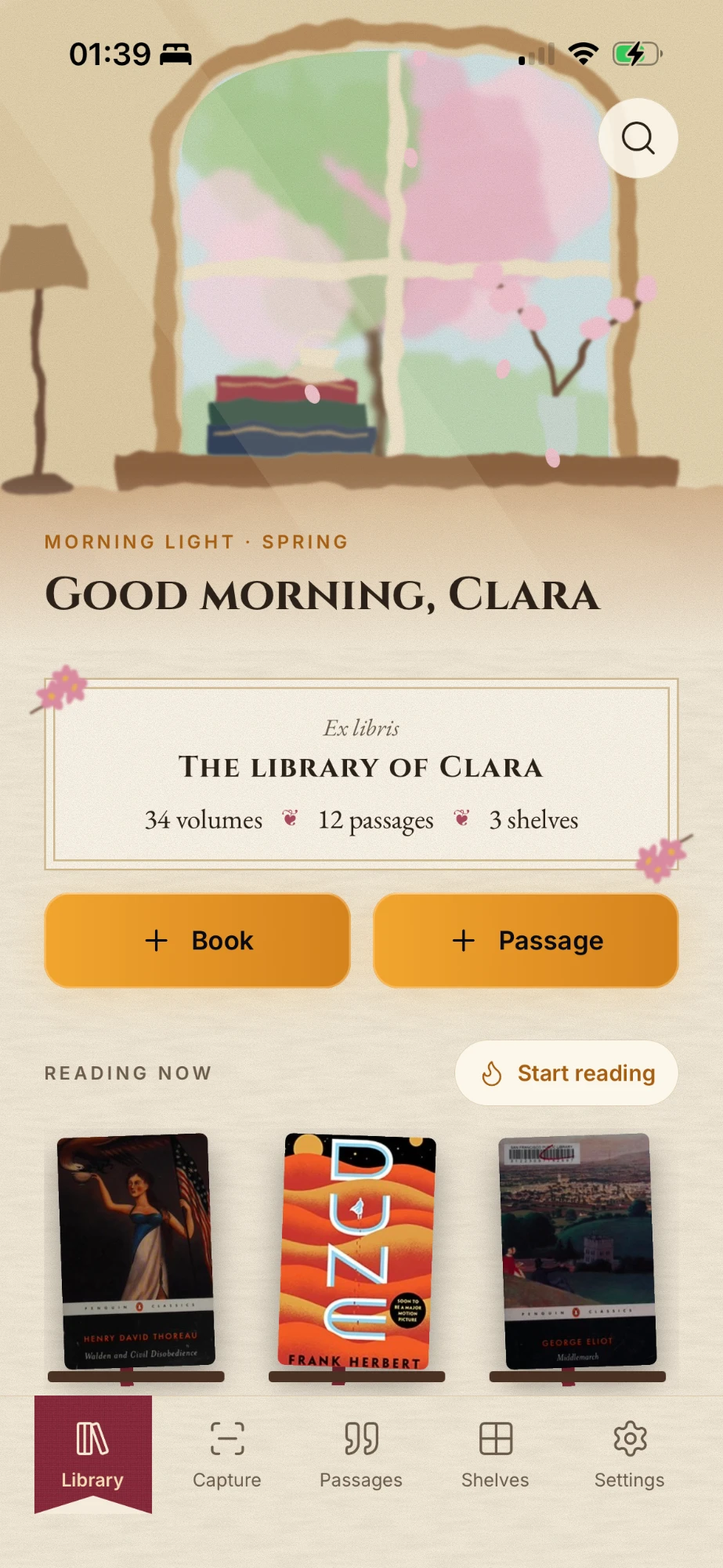 Tela inicial da Pumpkin Library com a janela da manhã e os livros em leitura